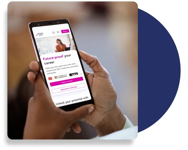 Hand holding a smartphone displaying Future Learn’s career development portal, with the headline “Future-proof your career” and logos of partner institutions.
