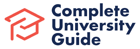 Logo for Complete University Guide featuring a geometric red graduation cap icon and bold stacked text.