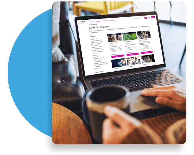 A hand interacting with a laptop displaying FutureLearn’s ‘Online certifications’ webpage.