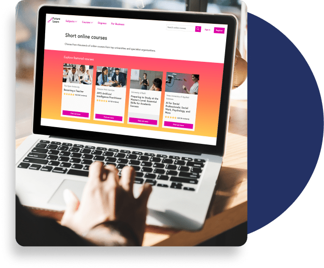 A hand interacting with a laptop displaying FutureLearn’s ‘Short online courses’ webpage.